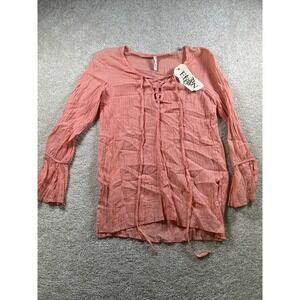 Elan Blouse Womens Small Pink Long‎ Sleeve Boho Crinkle Lace Up Peasant Top New